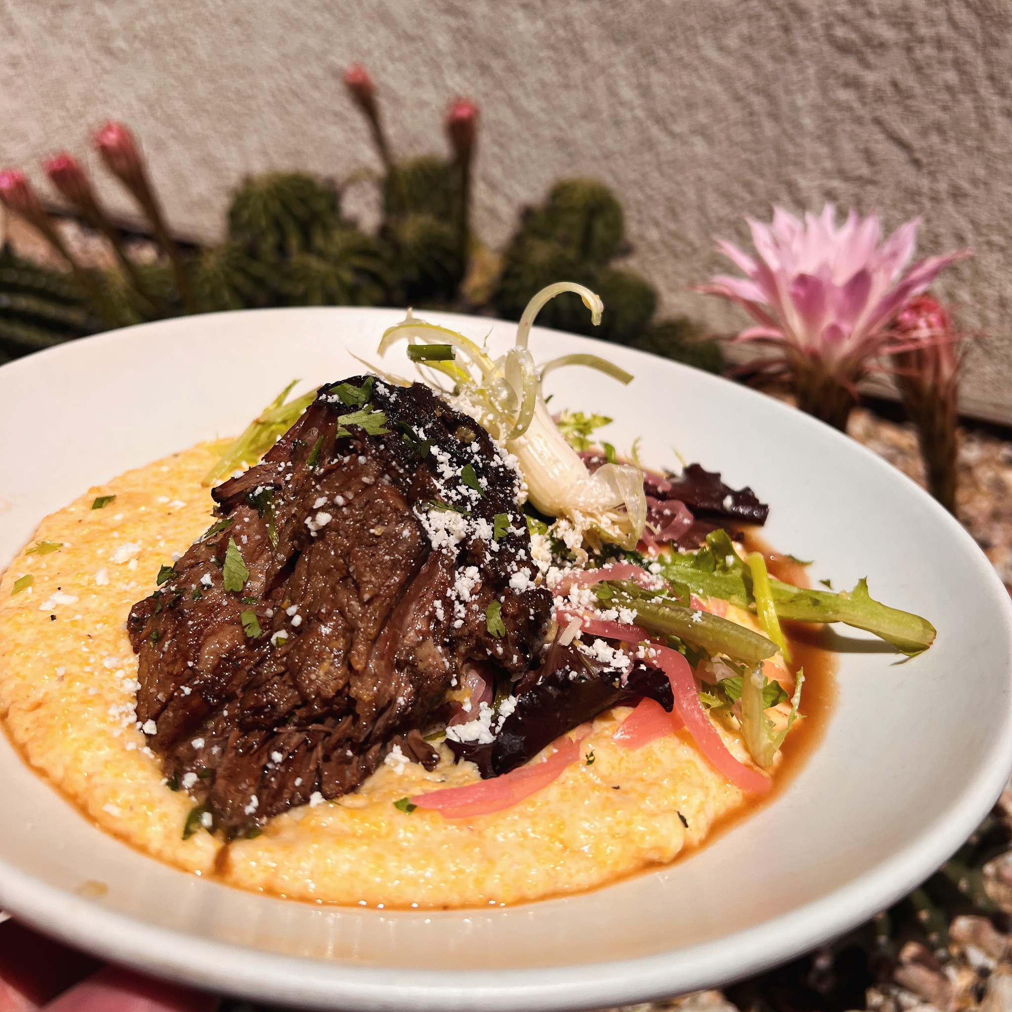 Braised Short Ribs-Cheesy Grits-Pickled Onion-Avocado Salad-Cotija Cheese-Cilantro.