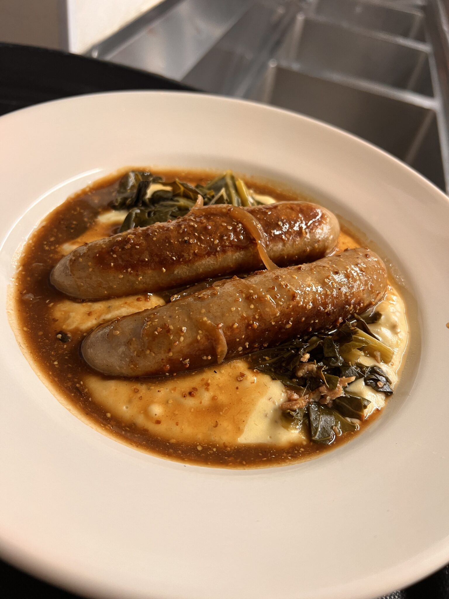 Irish Banger-Potato Puree-Collard Greens-Whole Grain Mustard